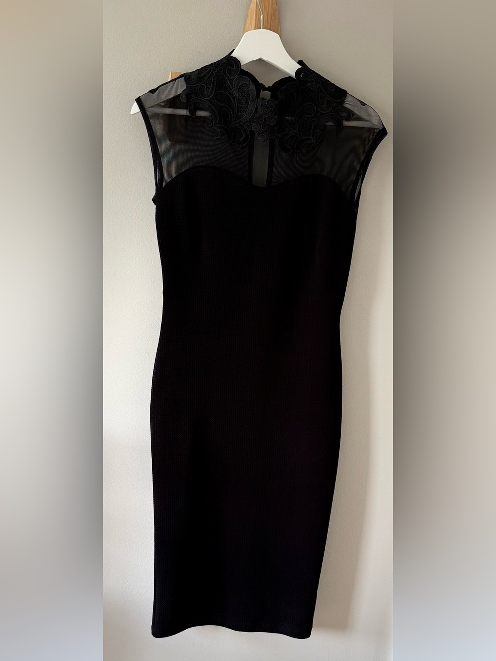 La Femme Black Strapless Sheath Dress with Lace Illusion Yoke